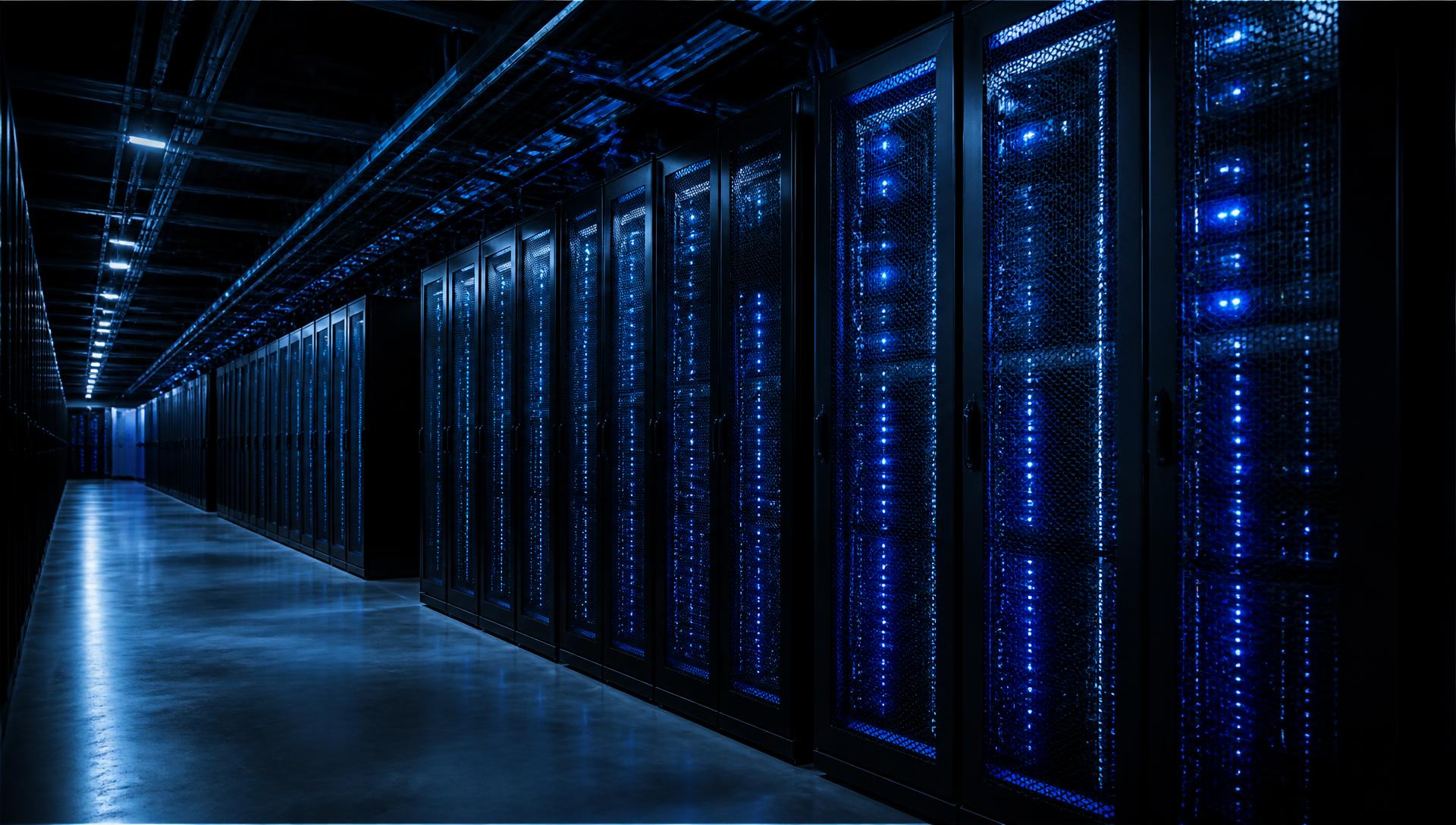 Modern AI data center hall with rows of high-density server racks