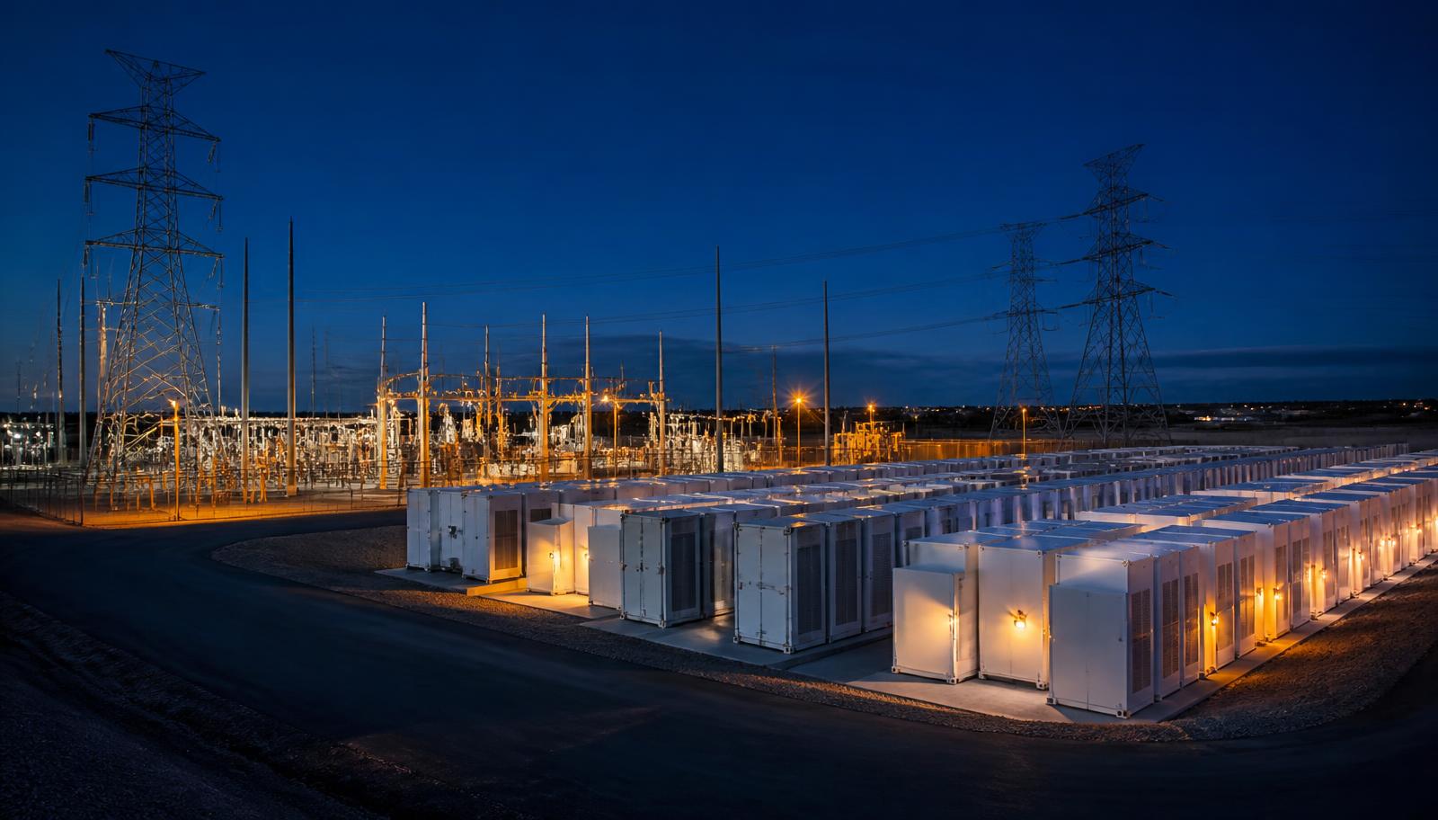 High-voltage substation beside rows of battery energy storage containers at dusk