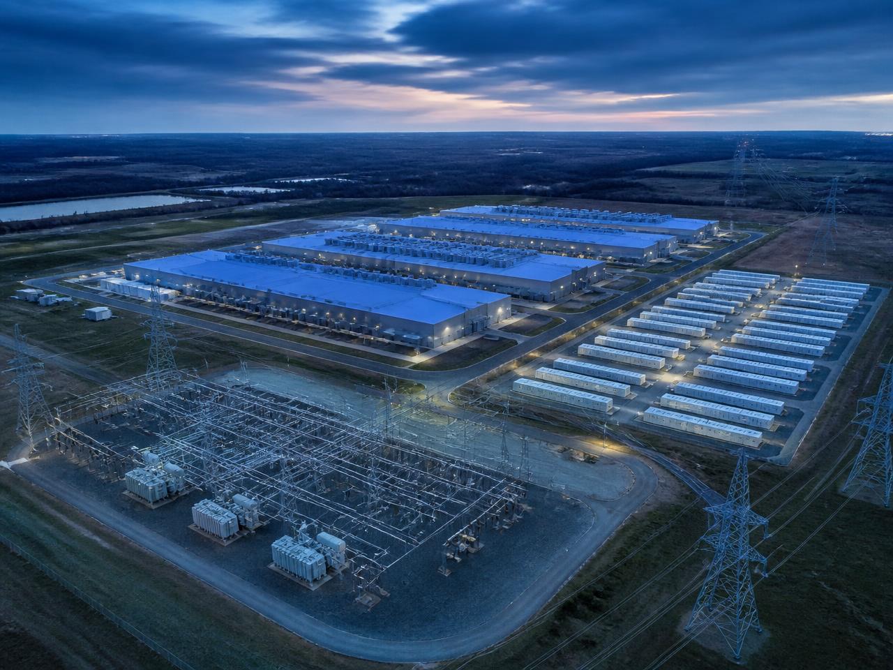 Aerial view of a data center campus with substation, transmission lines and battery energy storage